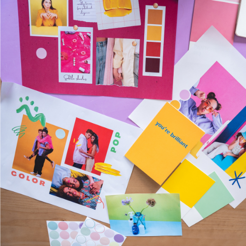 a bright colorful mood board showing images, color layouts and fabric swatches arranged to see the best collection.